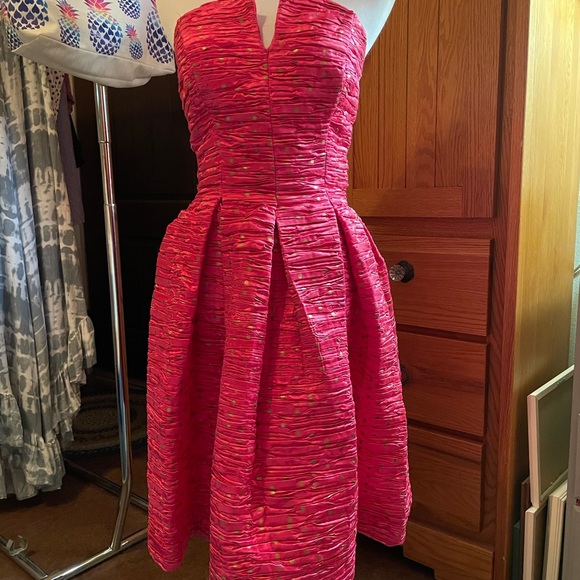 Vintage Expo Nite Small Hot Pink & Gold Polka Dot Strapless Occasion Dress - Picture 3 of 6
